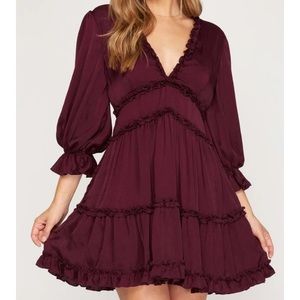 Dark Red V neck dress with ruffles and long sleeves from Vestique M